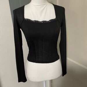 Chic Black Lace Detail Women's Long Sleeve Top